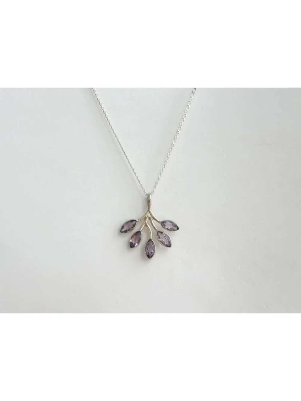 Amethyst Branched Leaves Sterling Silver 925 Vintage Pendant Necklace - 18